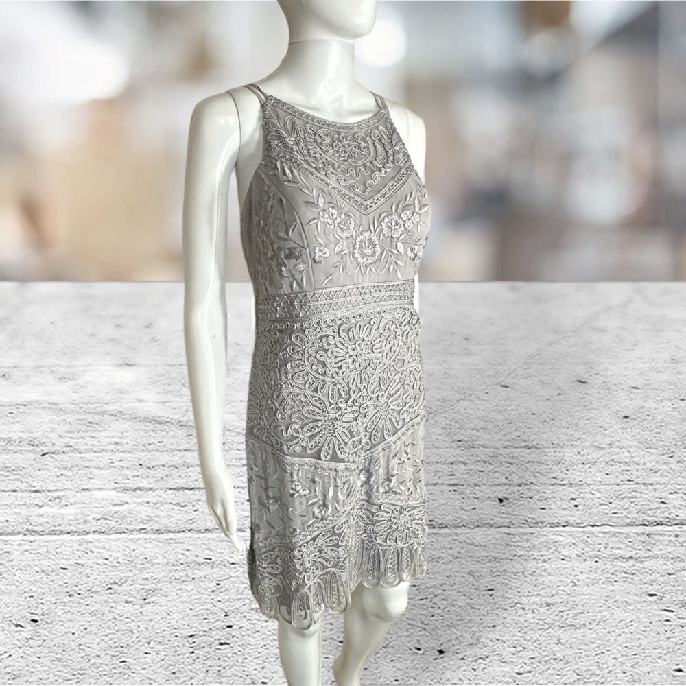 Sue Wong Silver Embroidered Spaghetti Strap Dress‎